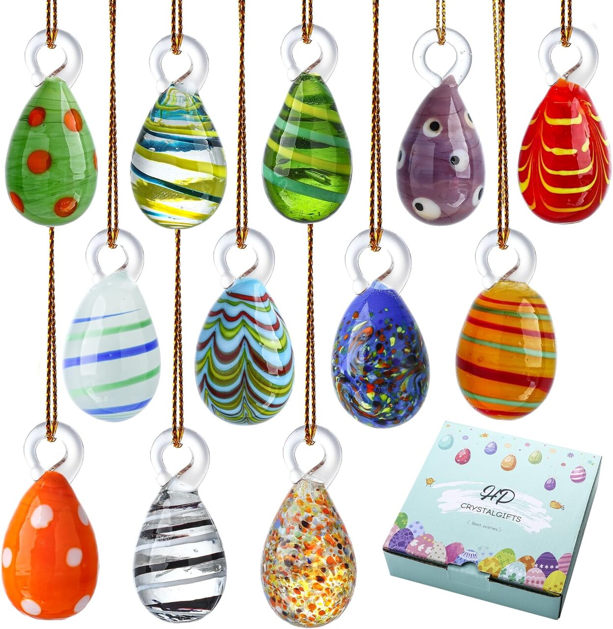 12PCS Blown Glass Easter Eggs Hanging Ornaments for Easter Tree Decorations Home Party DIY Crafts